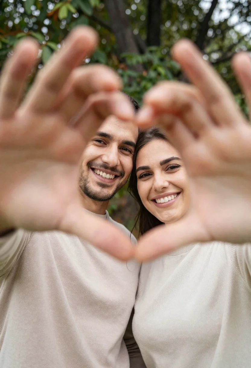 Happy couple portrait framed by two hands outdoors