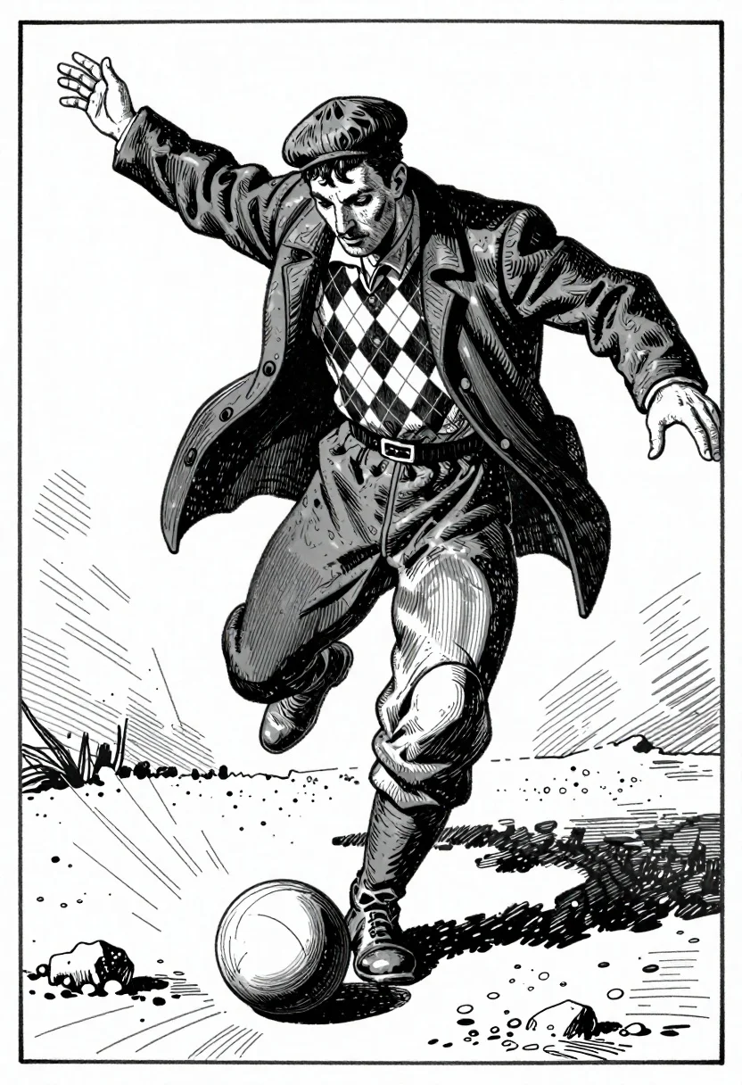 Man kicking a ball on rough ground illustration