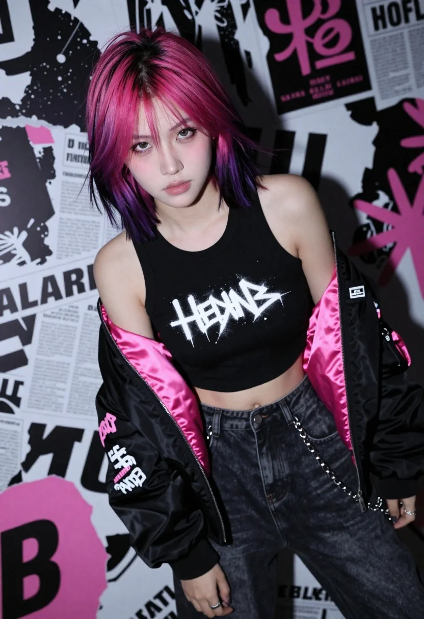 Confident young woman with magenta bob hair in black bomber jacket against - AI generated image prompt sample