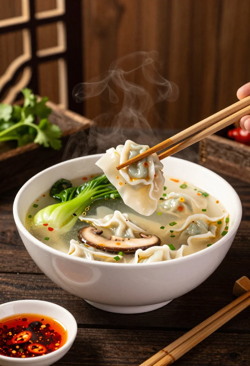 Close up shot of chinese soup with wontons on dark lacquer table