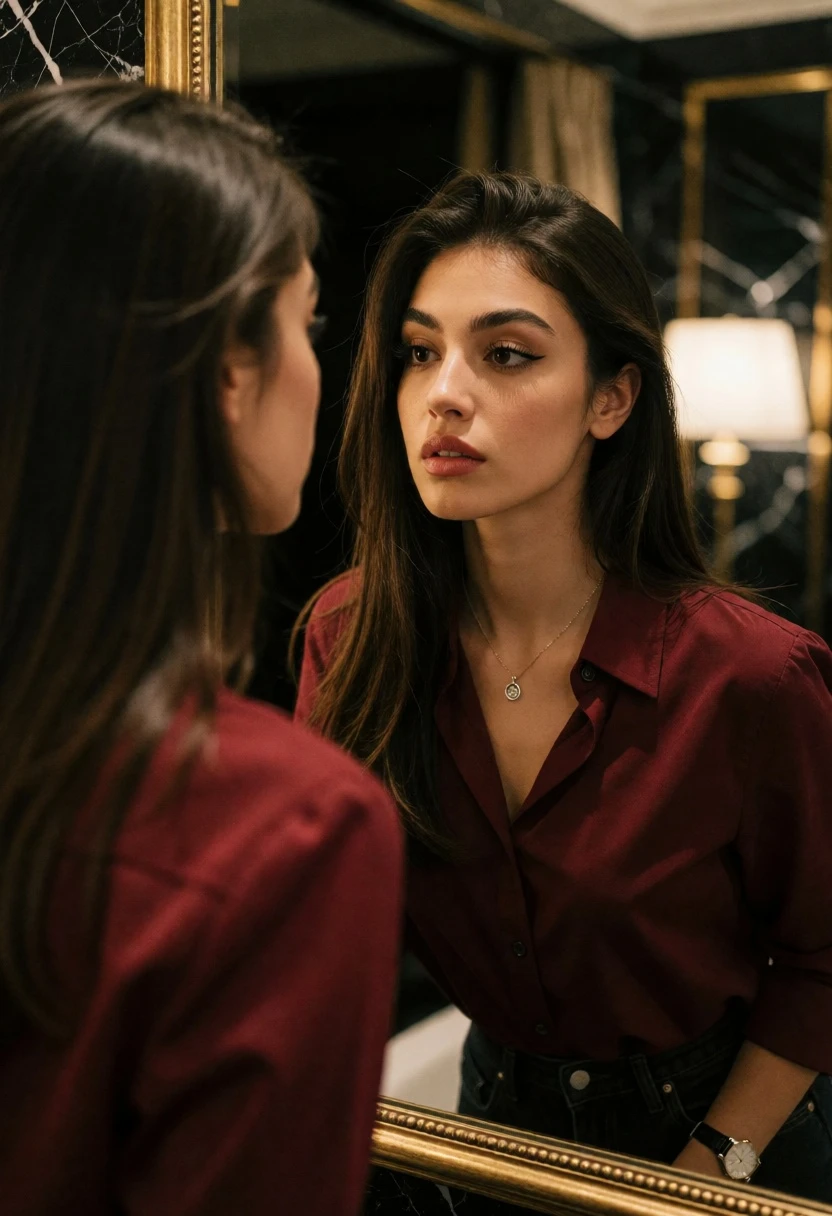 Young woman looking into mirror in dimly lit luxurious interior setting - AI generated image prompt sample