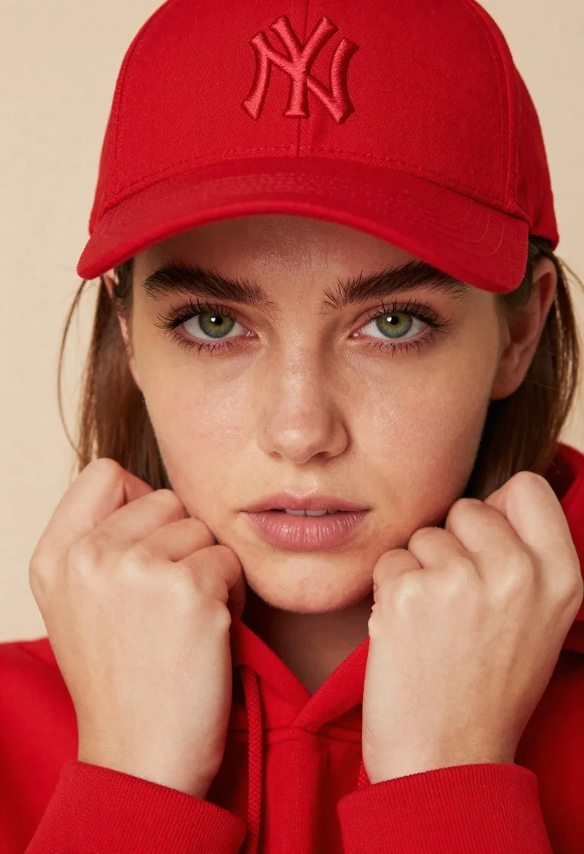 Closeup portrait of fairskinned young woman in red hoodie with green eyes - AI generated image prompt sample