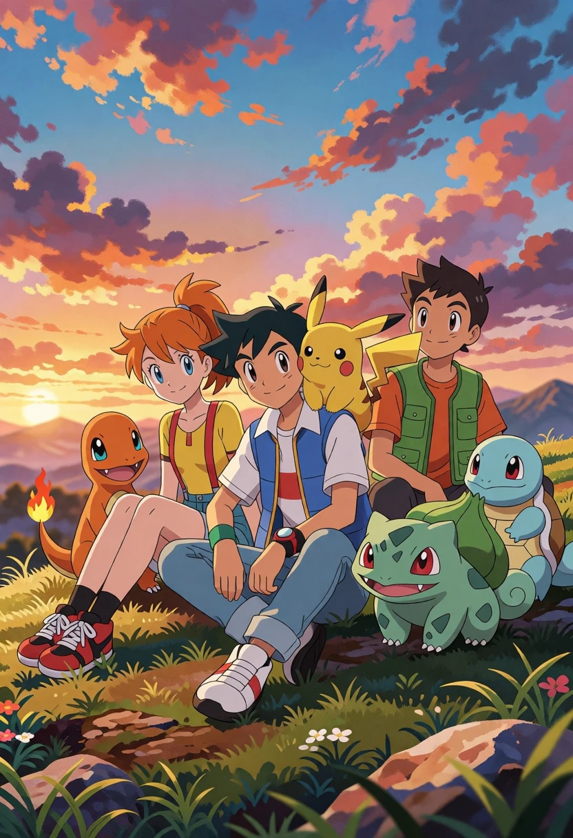 Three young trainers and pokemon on a grassy hilltop at sunset - AI generated image prompt sample