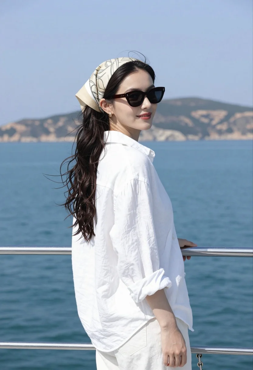 Young woman on boat railing looking back over shoulder by blue sea - AI generated image prompt sample