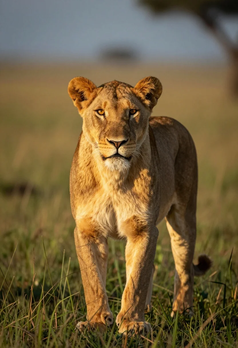 Majestic lioness standing in tall green grass at golden hour savanna landscape - AI generated image prompt sample