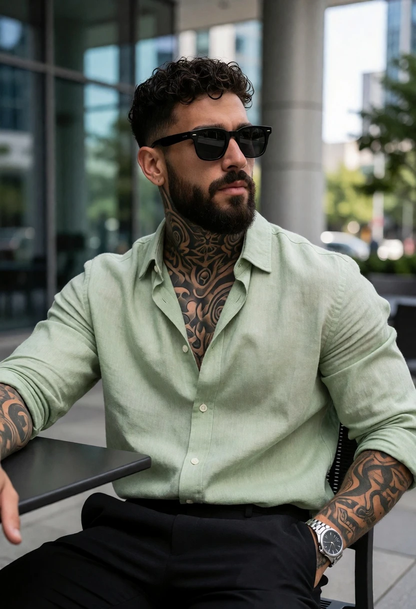 Muscular man with beard in light green linen shirt on modern patio - AI generated image prompt sample
