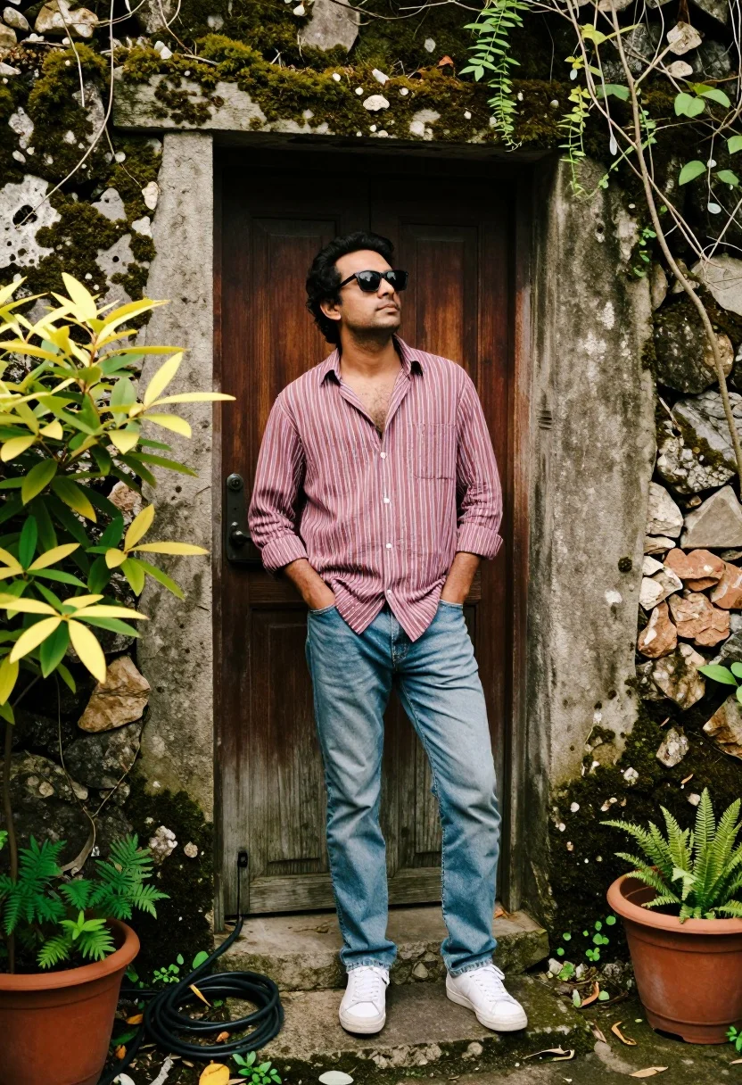 Man leaning against weathered door in mossy stone wall setting - AI generated image prompt sample