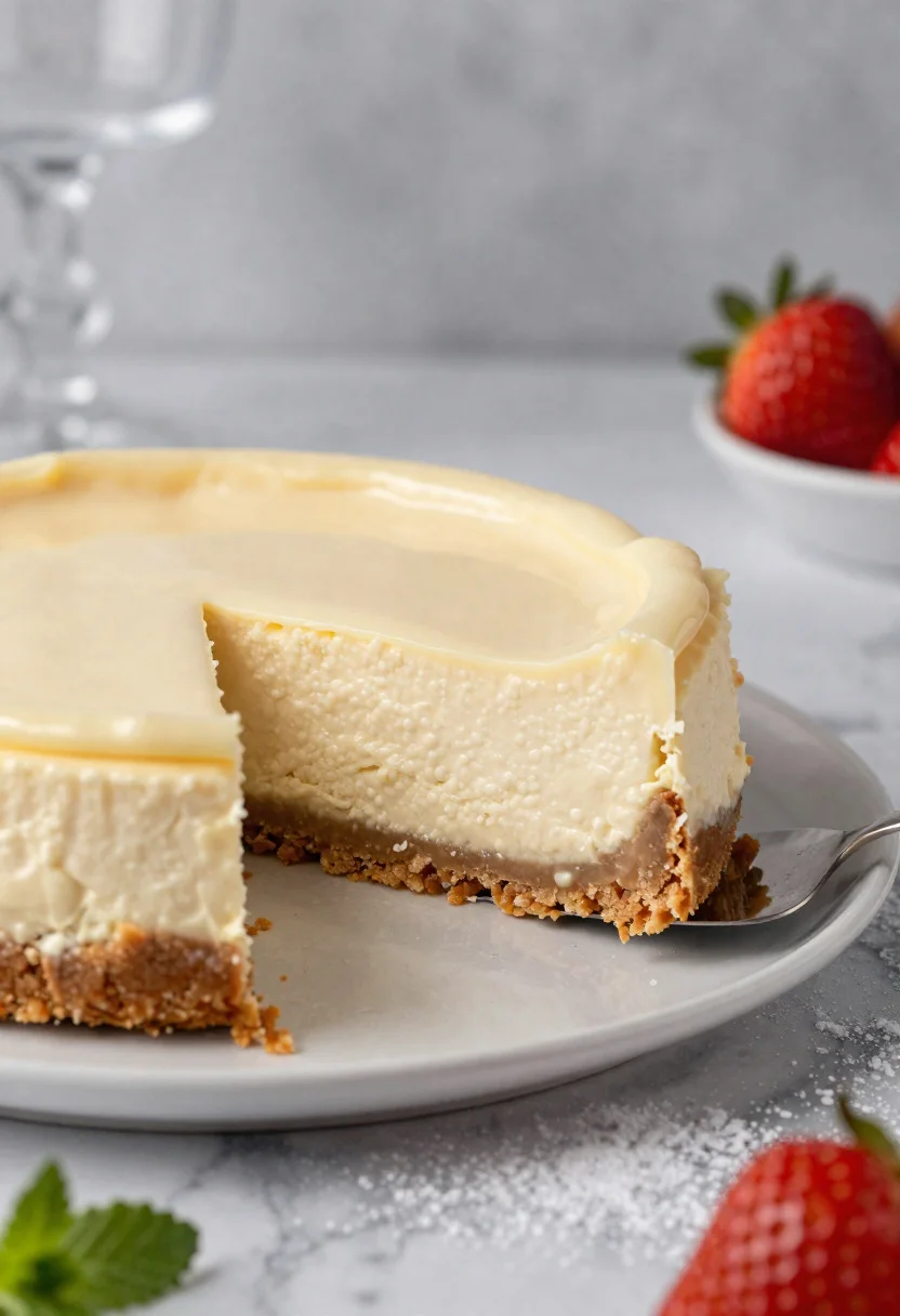 Close up of cheesecake slice on marble table with strawberry garnish