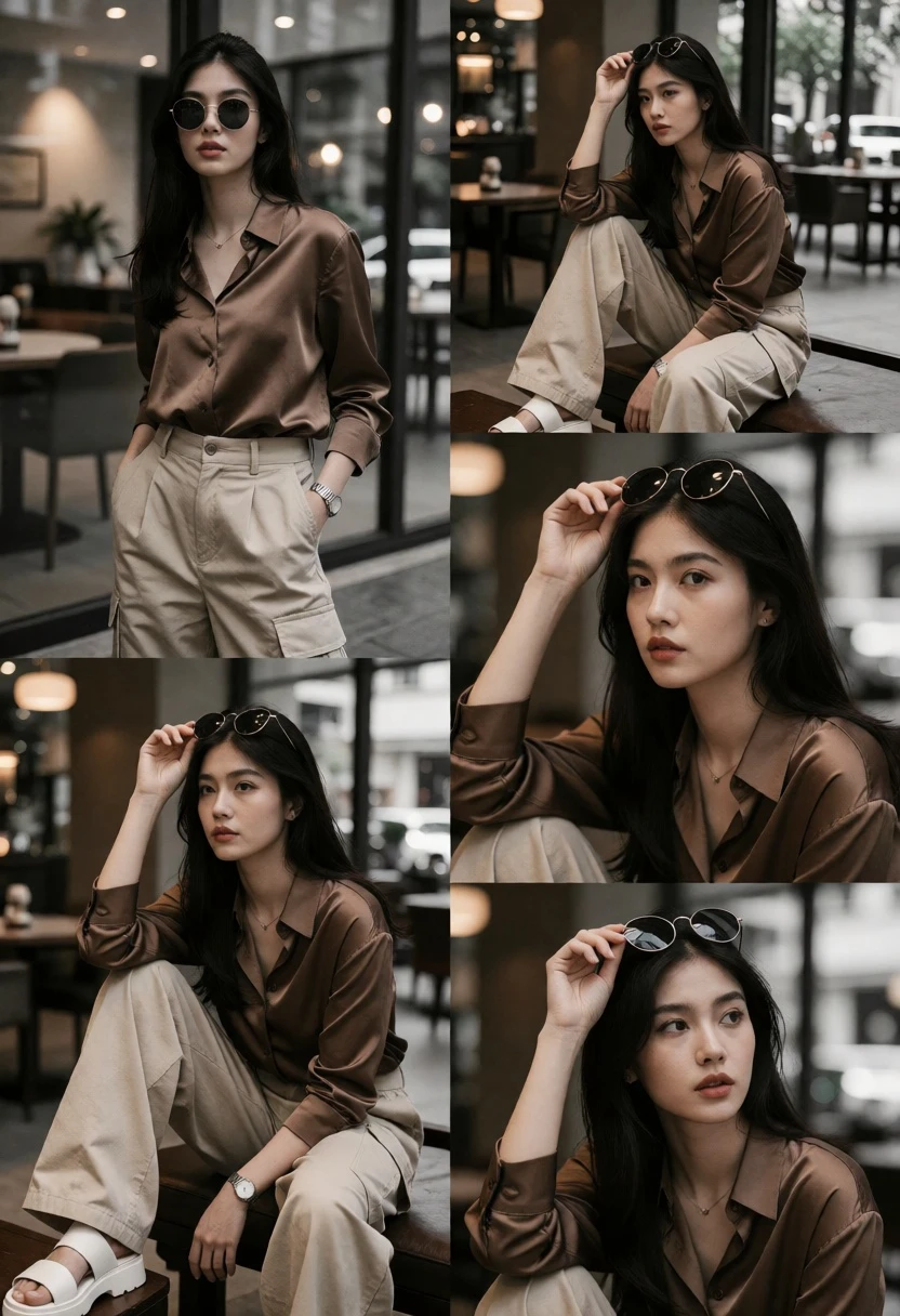 Collage of candid portraits featuring woman in urban cafe setting - AI generated image prompt sample