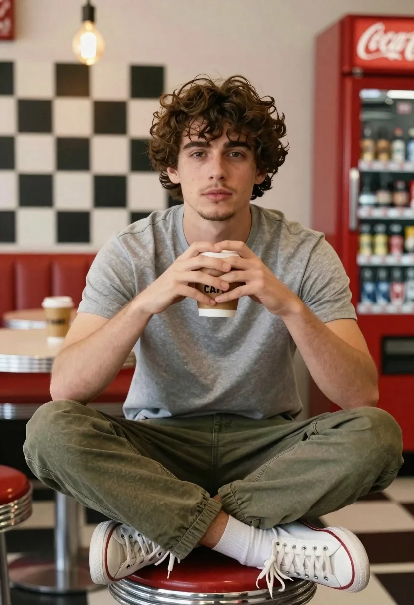 Young man sitting on red stool in retro diner setting - AI generated image prompt sample