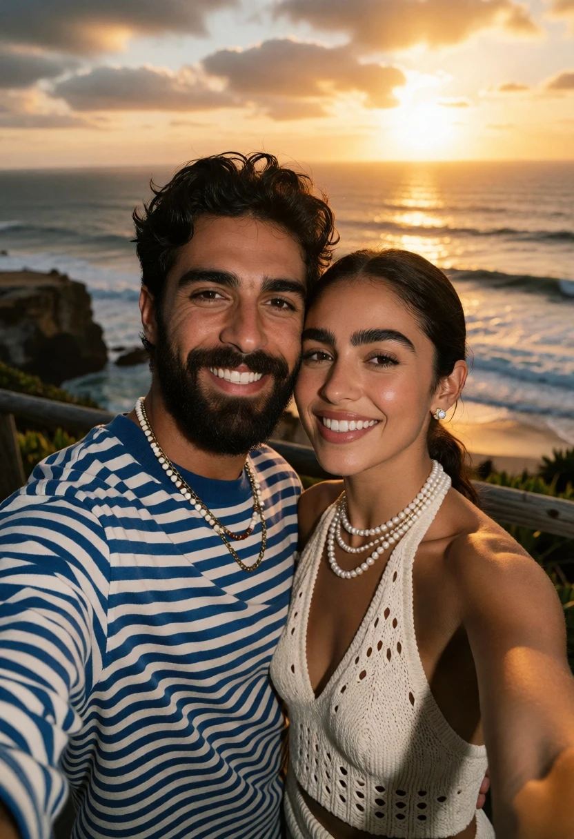 Couple taking a close selfie against dramatic ocean sunset view - AI generated image prompt sample