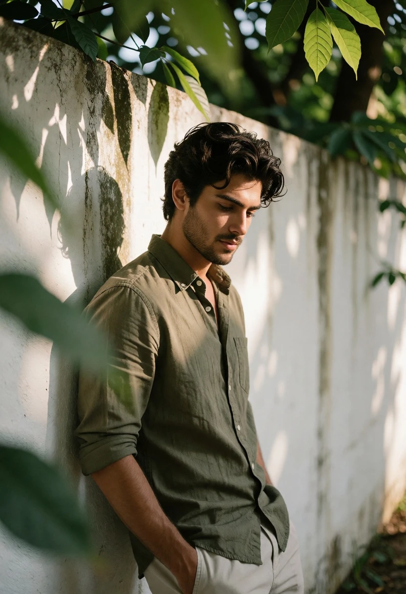 Young man leaning against white wall with dappled sunlight and green foliage - AI generated image prompt sample