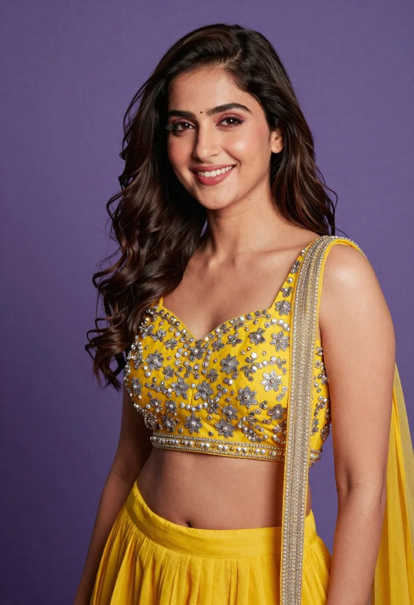 Smiling young woman in yellow lehenga choli against solid purple backdrop