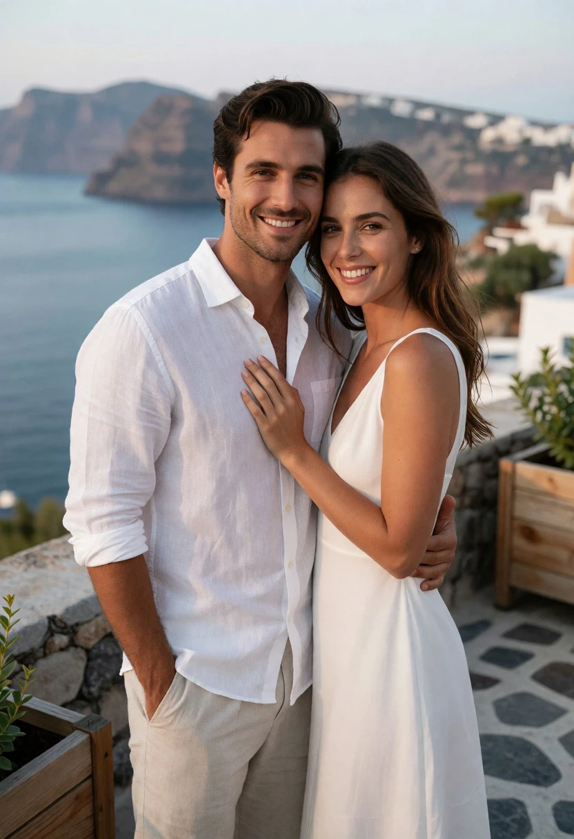 Couple embracing on stone terrace overlooking calm blue sea and mountains - AI generated image prompt sample