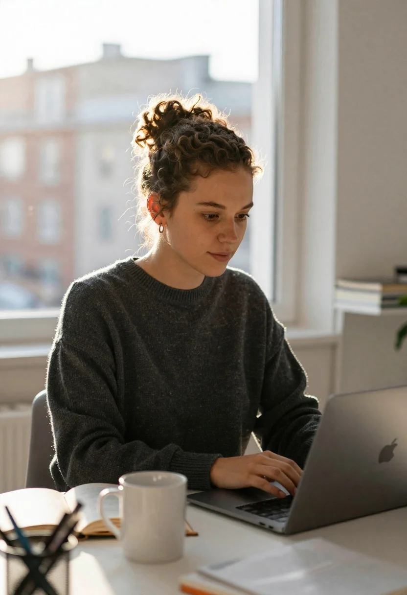 Woman working on laptop by window overlooking city