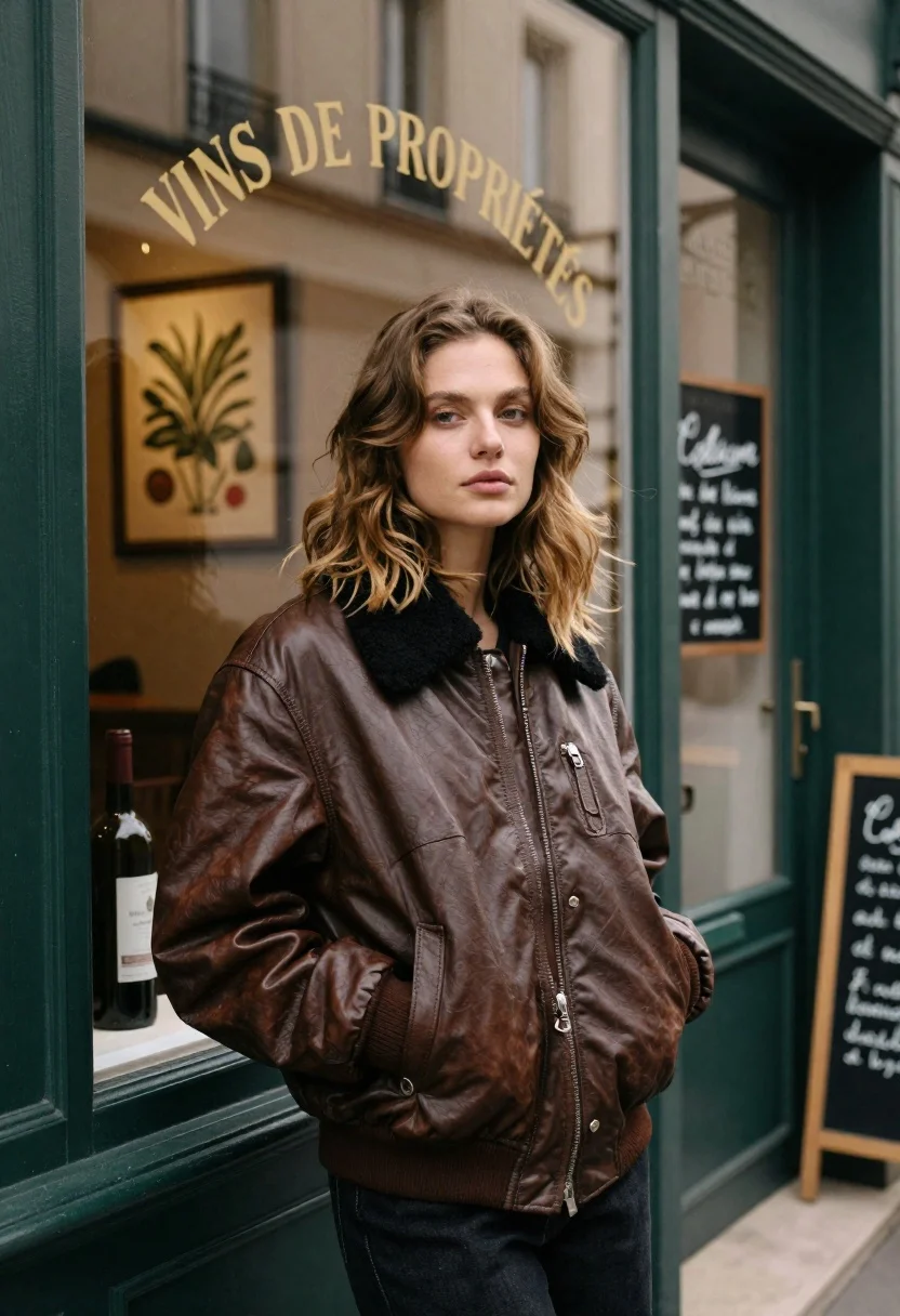 Fair skinned woman in brown leather jacket outside shop window - AI generated image prompt sample