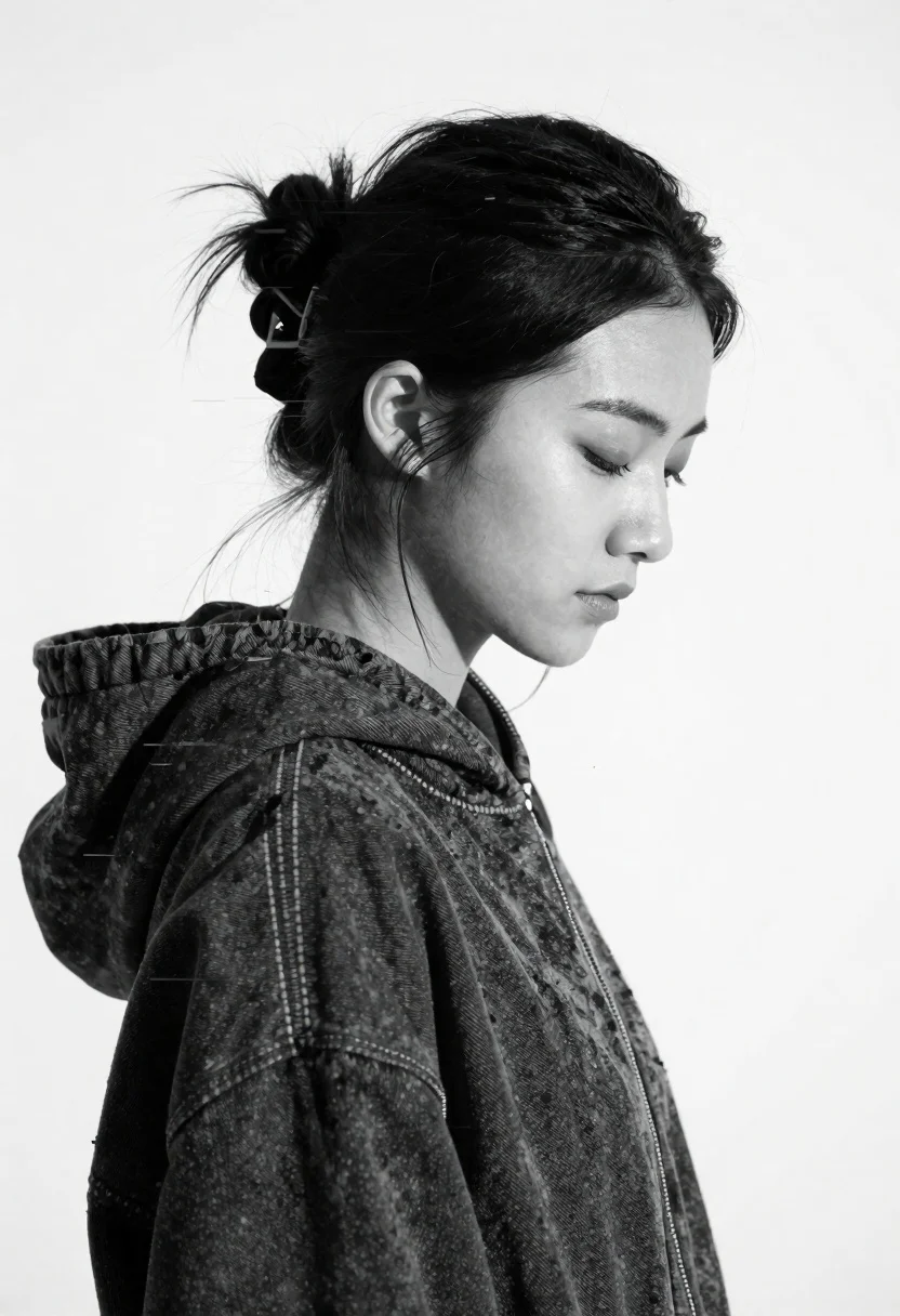 Black and white profile portrait of young woman with closed eyes - AI generated image prompt sample