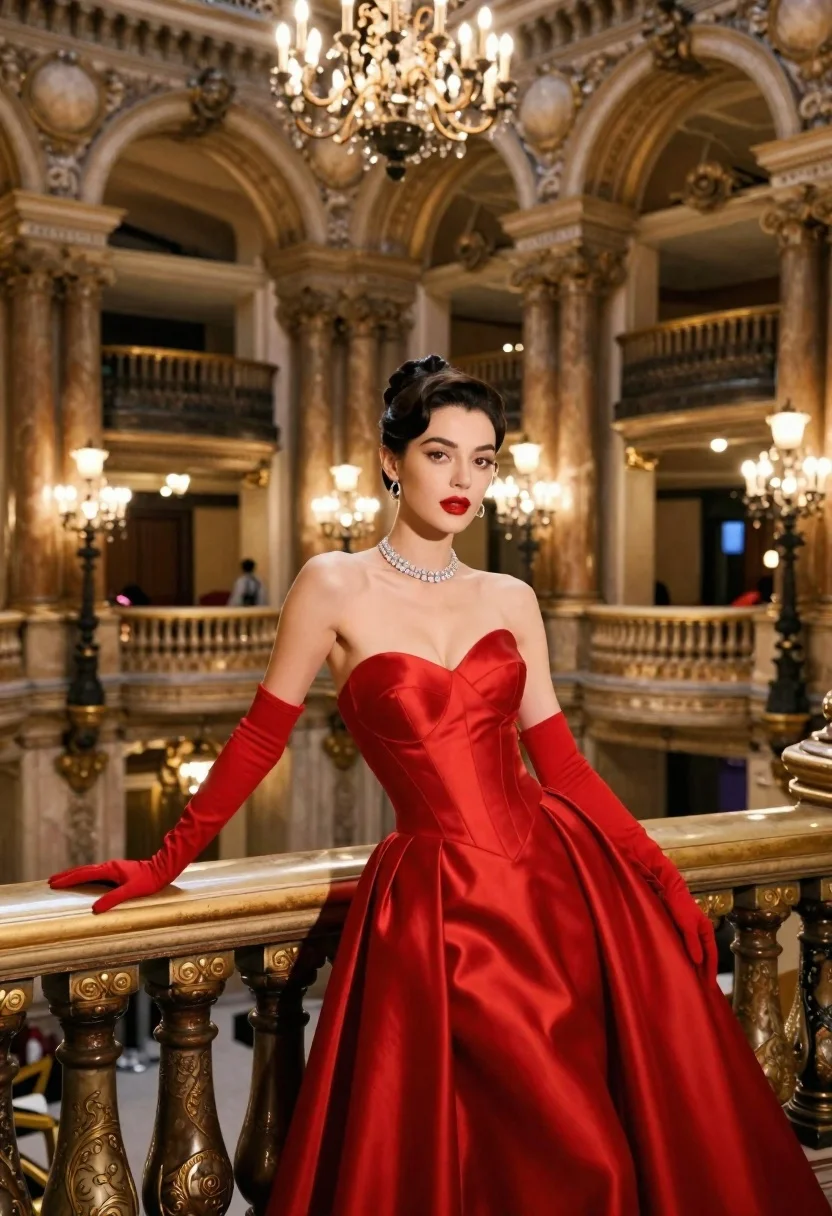 Glamorous woman in red strapless gown stands elegantly on an ornate balcony - AI generated image prompt sample