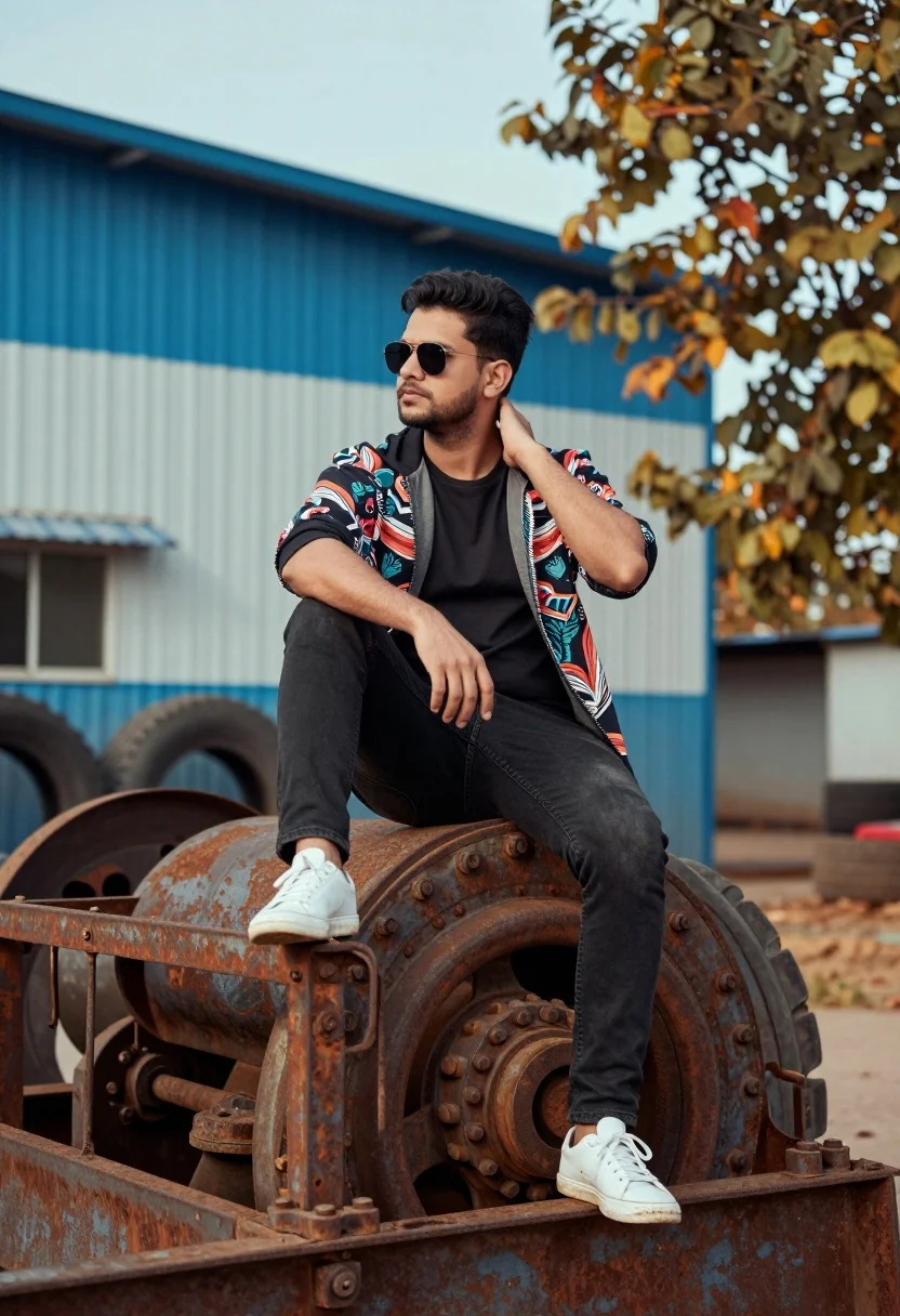 Man sitting on rusted machinery outdoors near corrugated metal building - AI generated image prompt sample
