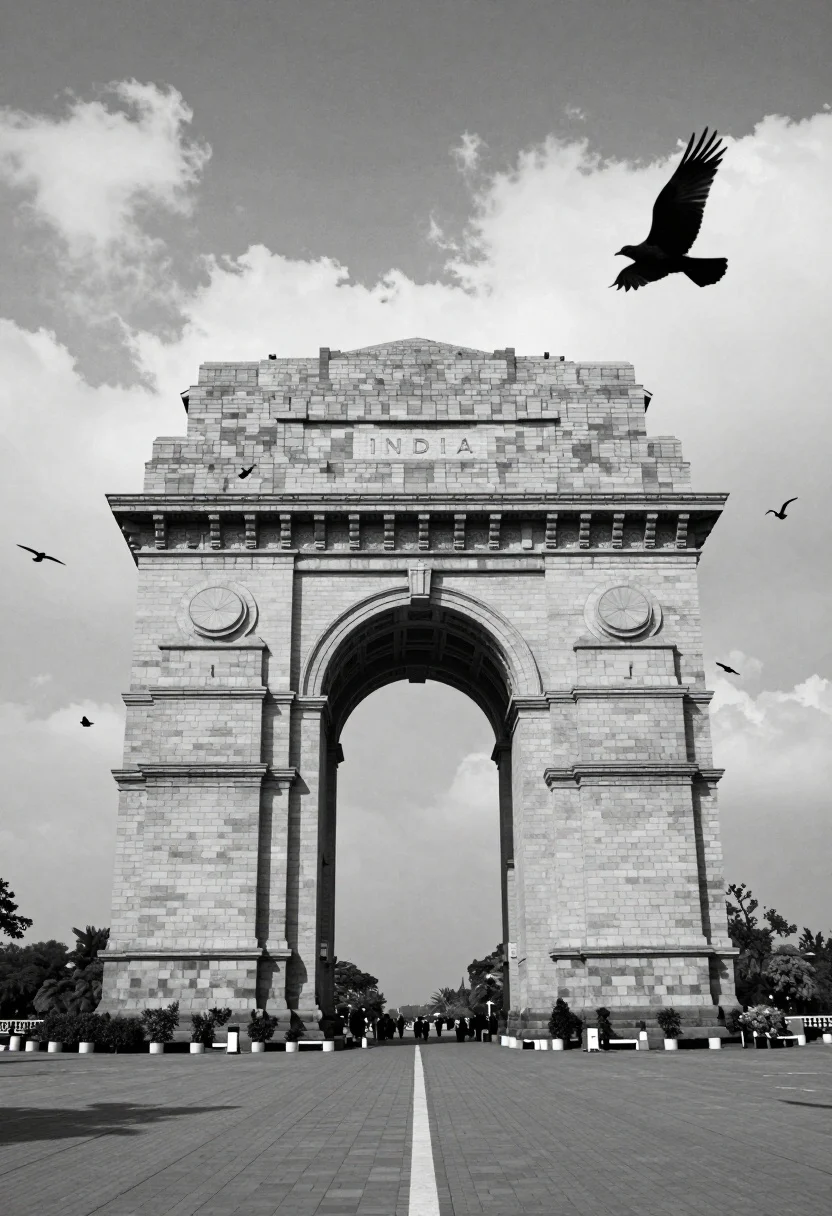 Monumental stone triumphal arch inscribed with india against dramatic cloudy sky - AI generated image prompt sample