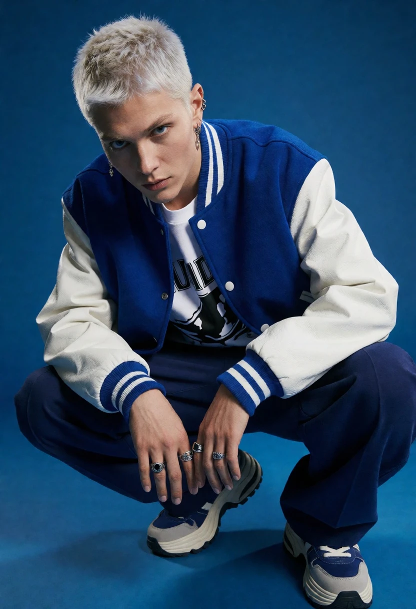 Person in varsity jacket crouched low against a solid blue studio backdrop - AI generated image prompt sample