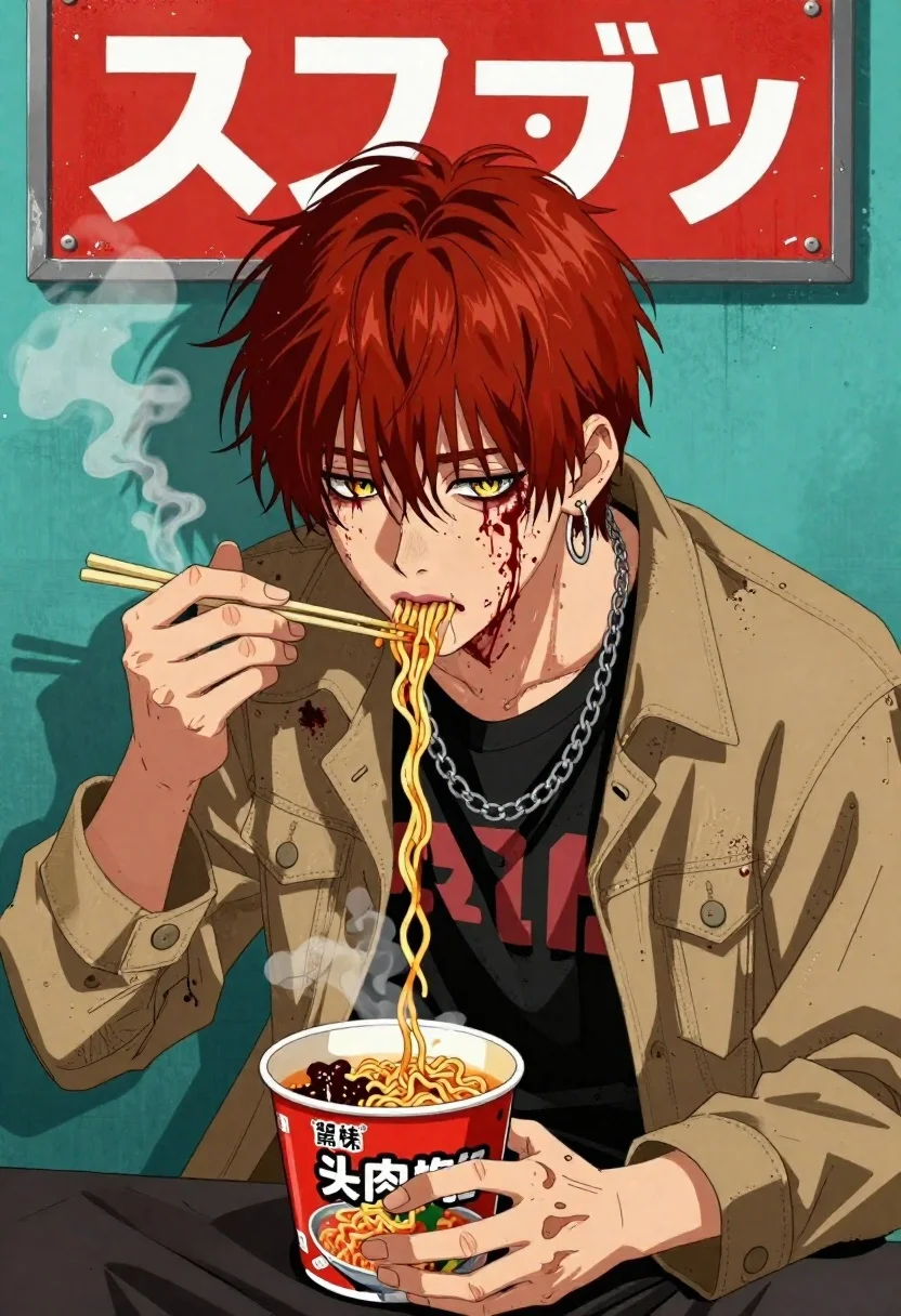 Youth eating ramen against a teal wall