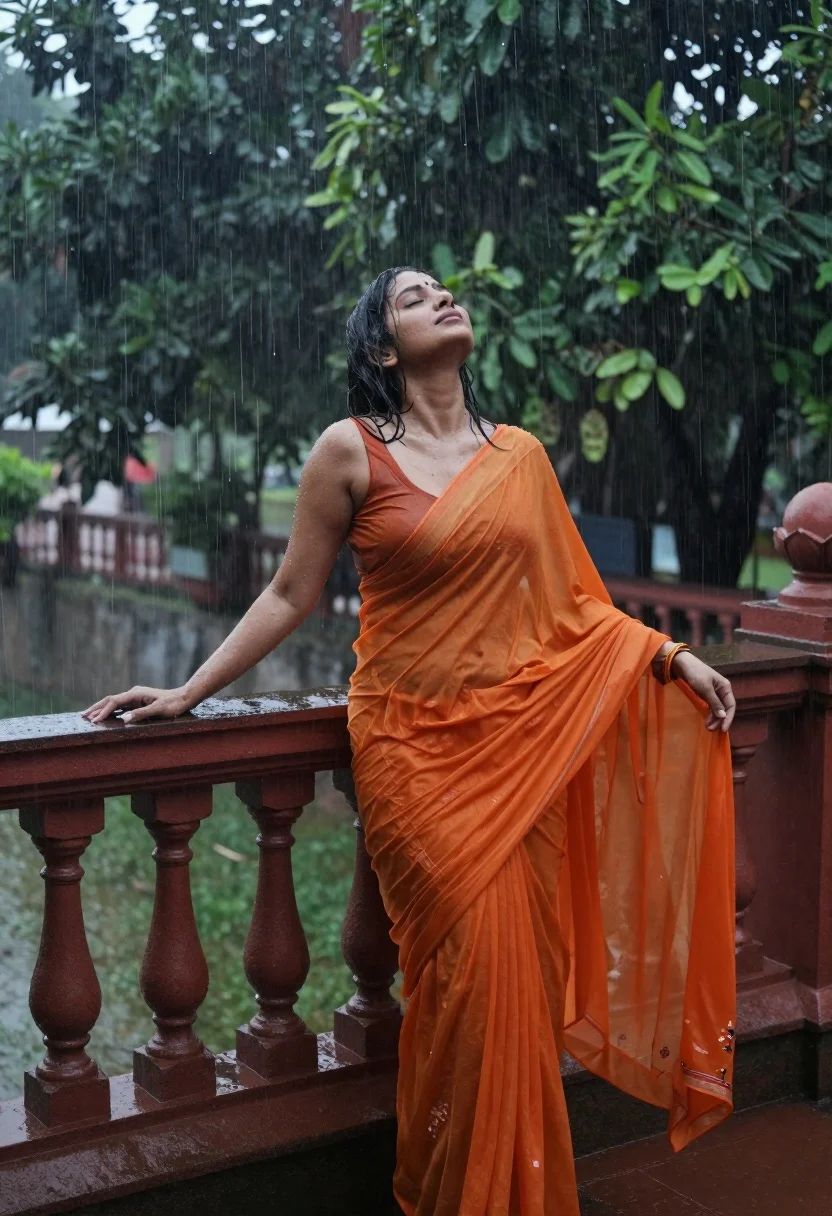 Woman in vibrant orange saree standing on wet balcony during heavy rainstorm