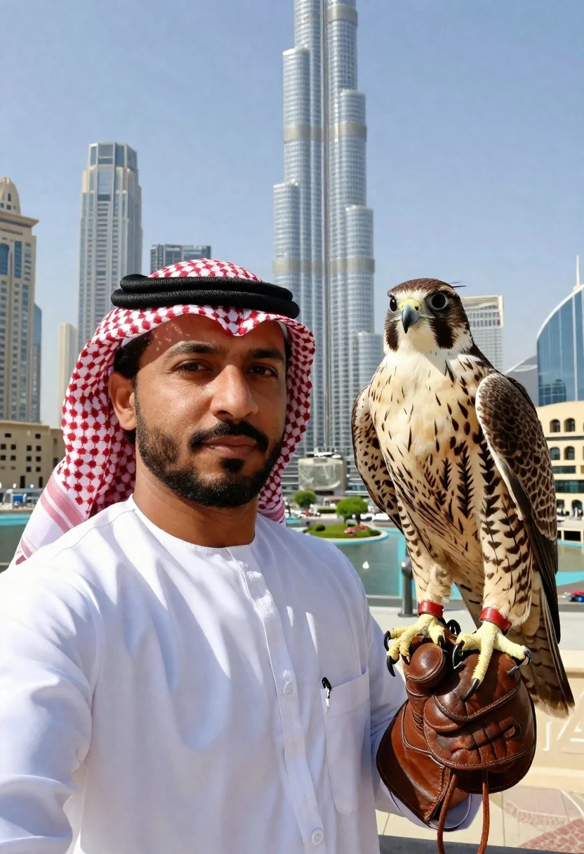 Man holding falcon against dubai skyline at daylight