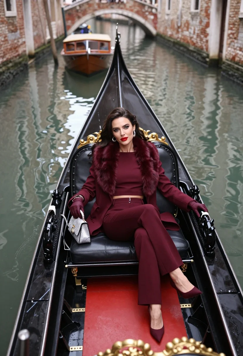 Glamorous woman in maroon outfit reclining in a gondola on canal waterway - AI generated image prompt sample
