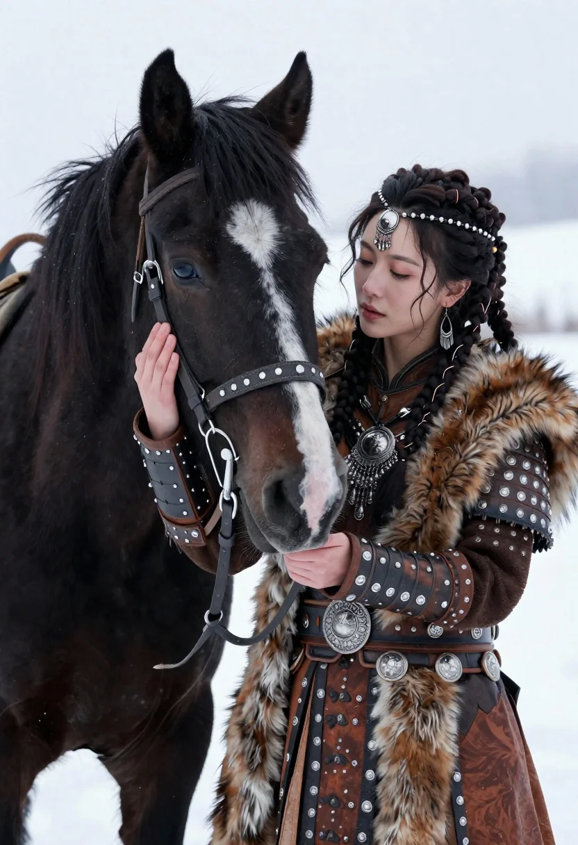 Woman in traditional warrior attire cradles black horse head in snowy landscape - AI generated image prompt sample