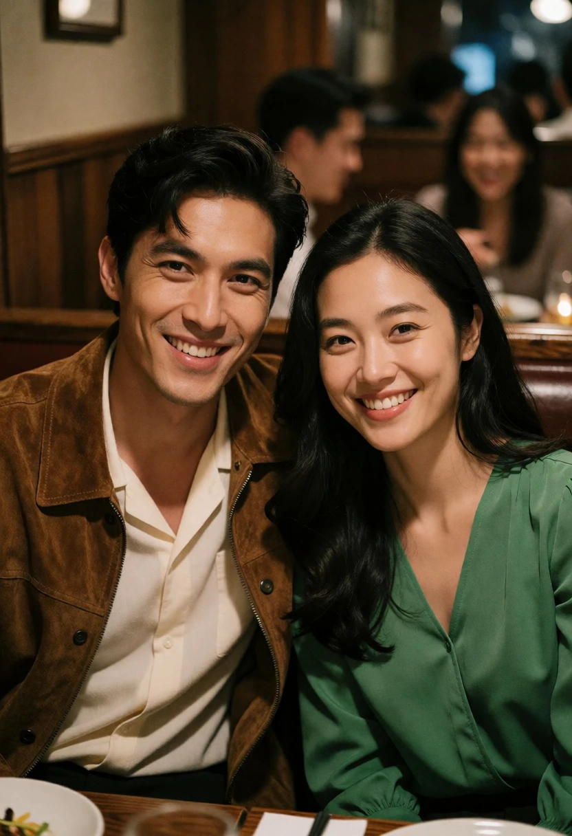 Couple smiling warmly at restaurant table in dimly lit booth - AI generated image prompt sample