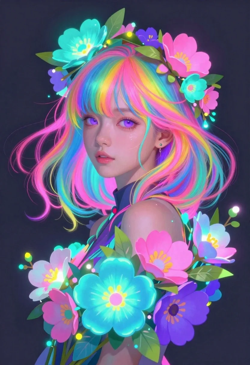 Anime girl with rainbow hair and glowing flowers - AI generated image prompt sample