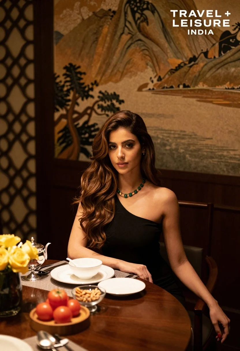 Young woman with brown hair seated at table in elegant restaurant setting
