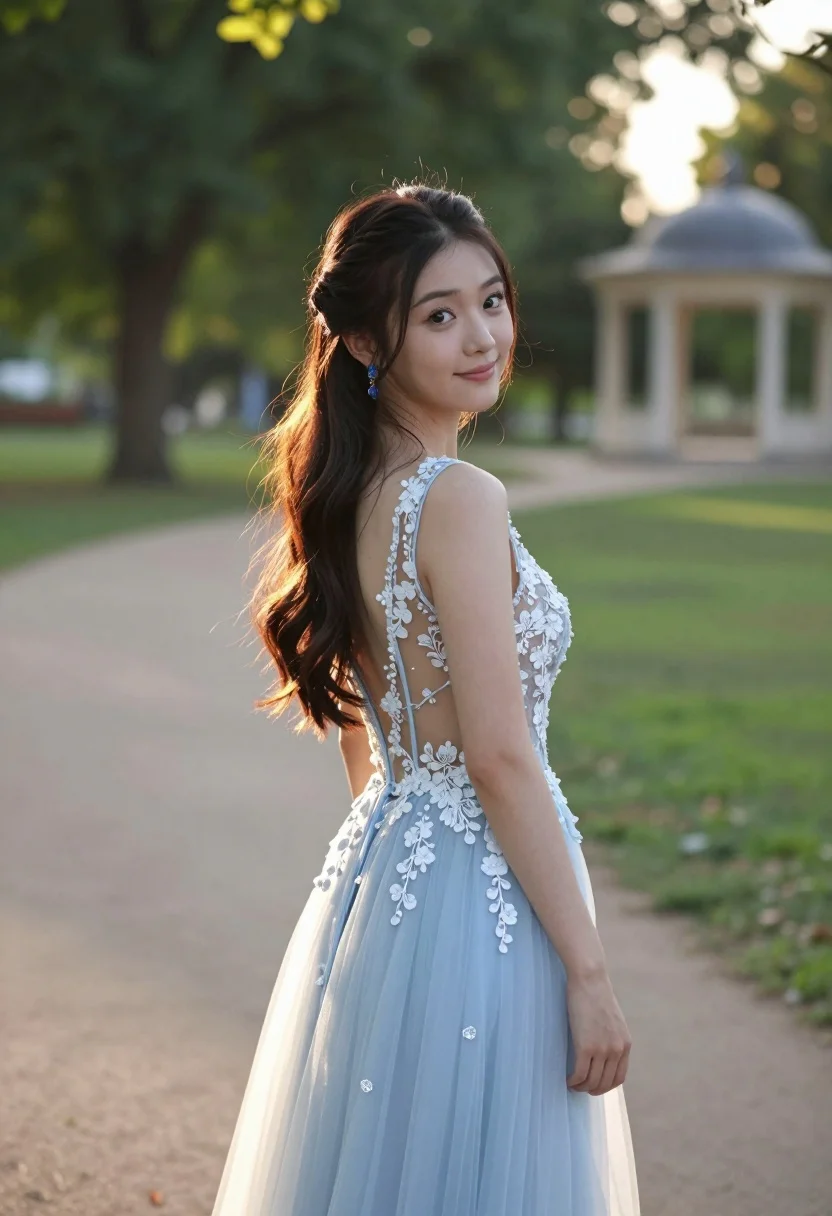 Young woman in light blue gown looking back over shoulder in sunlit - AI generated image prompt sample
