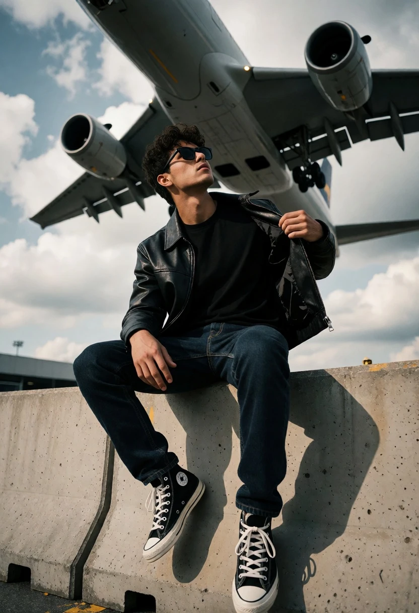 Young man seated on concrete barrier beneath massive airplane in cloudy sky - AI generated image prompt sample
