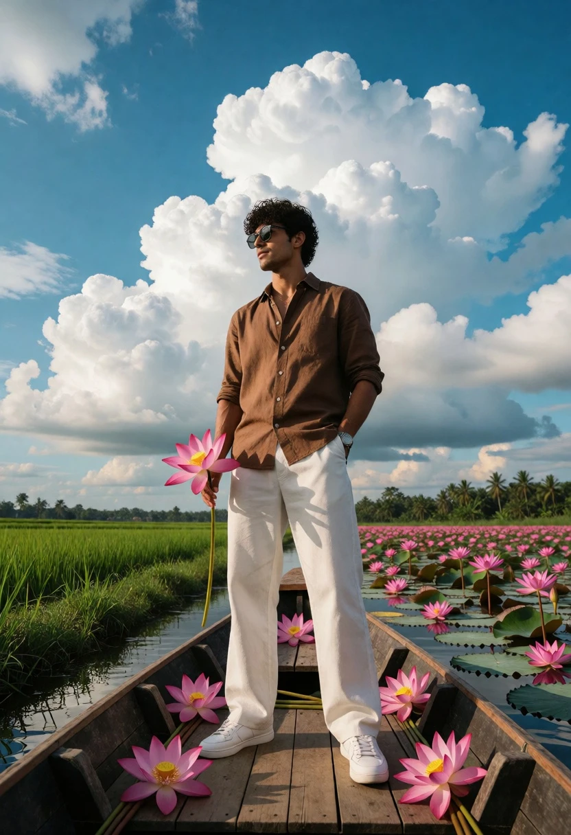 Man in wooden boat holding lotus flower under vast blue sky - AI generated image prompt sample