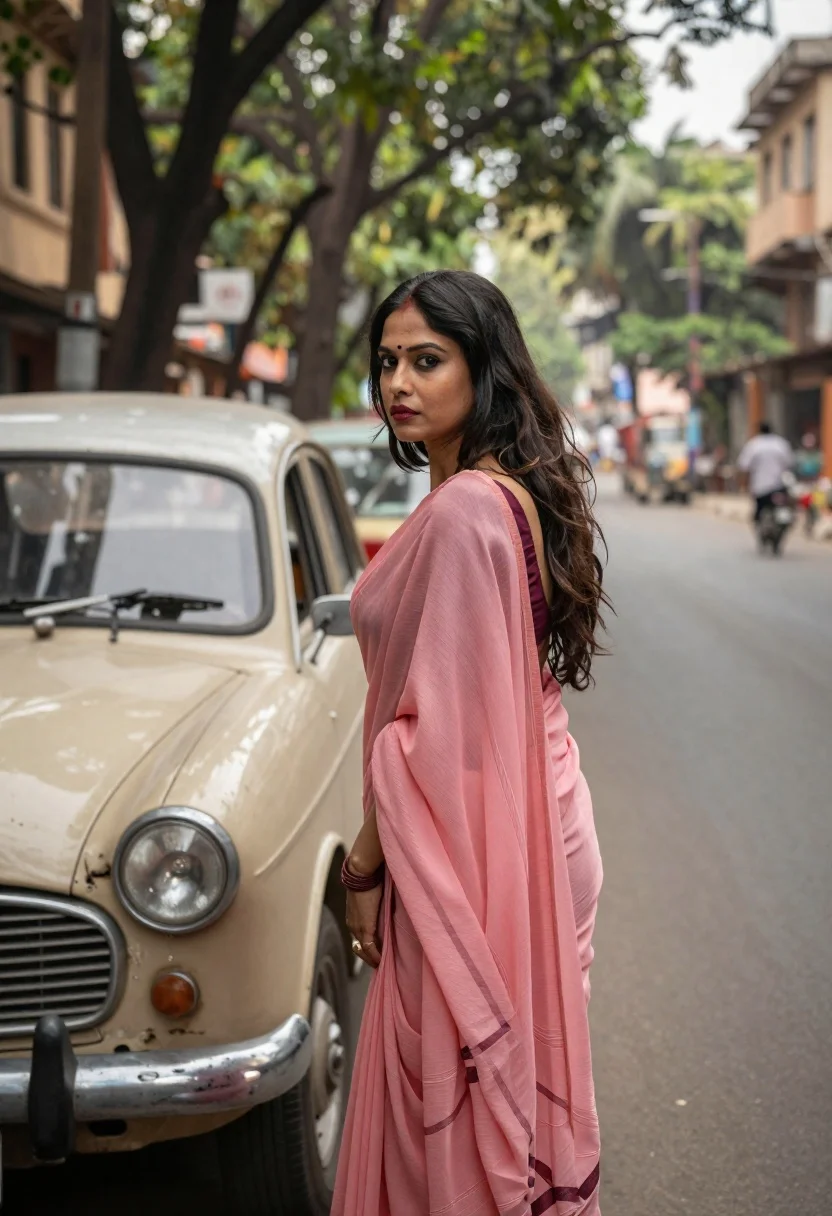 Woman in pink saree standing beside a vintage car on city street - AI generated image prompt sample