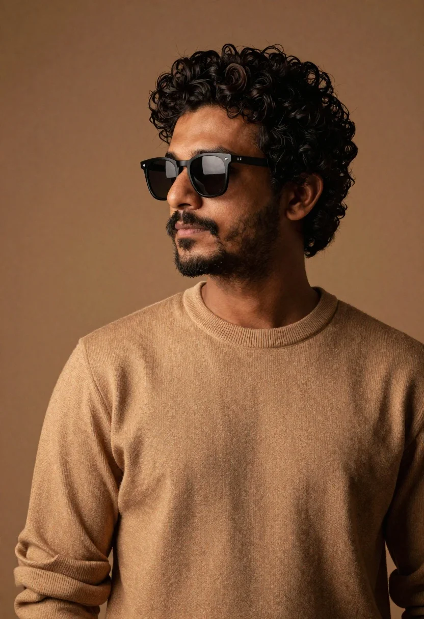 Portrait of man with dark hair and beard wearing sunglasses - AI generated image prompt sample