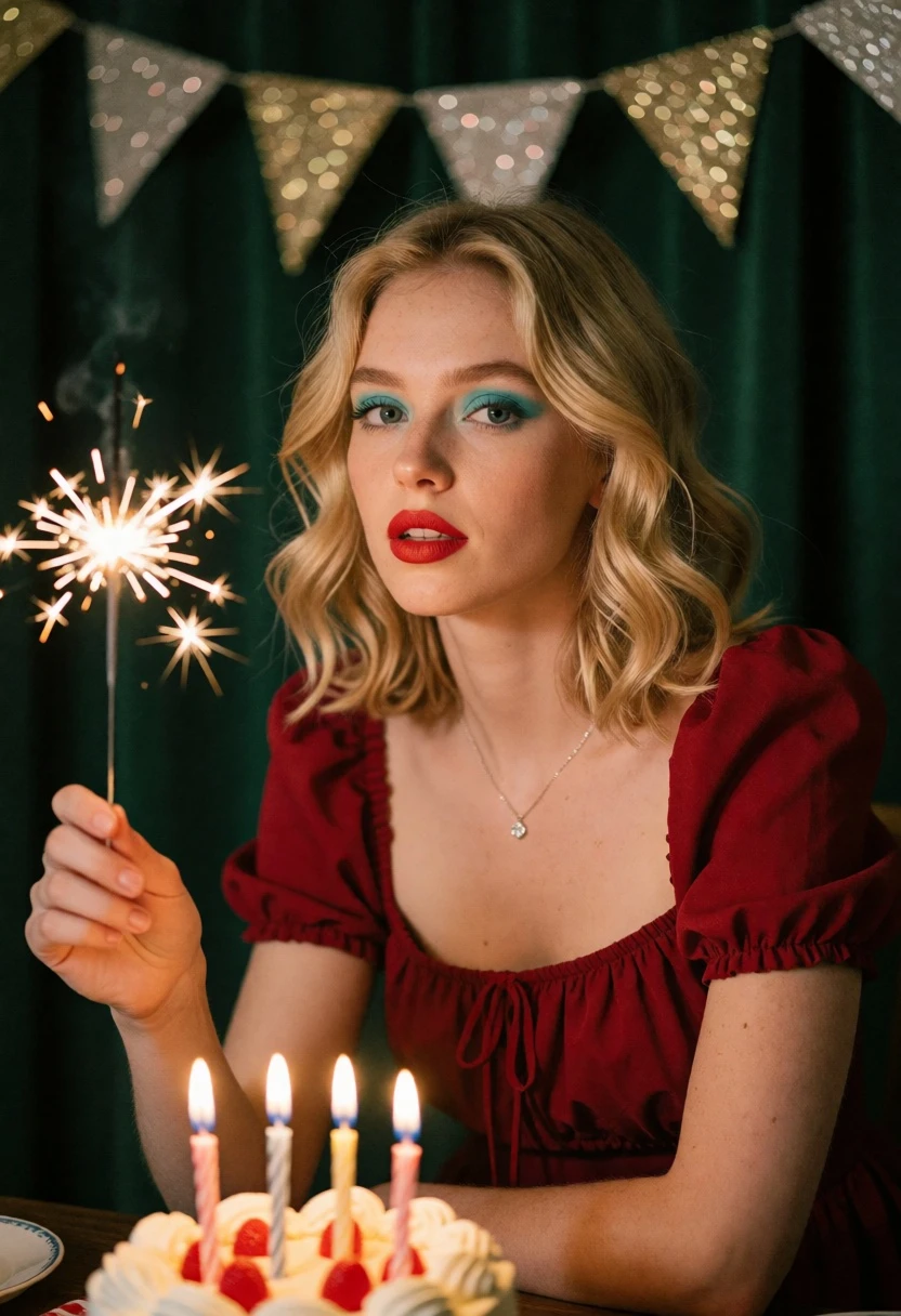 Young woman with blonde hair holding sparkler near birthday cake indoors - AI generated image prompt sample