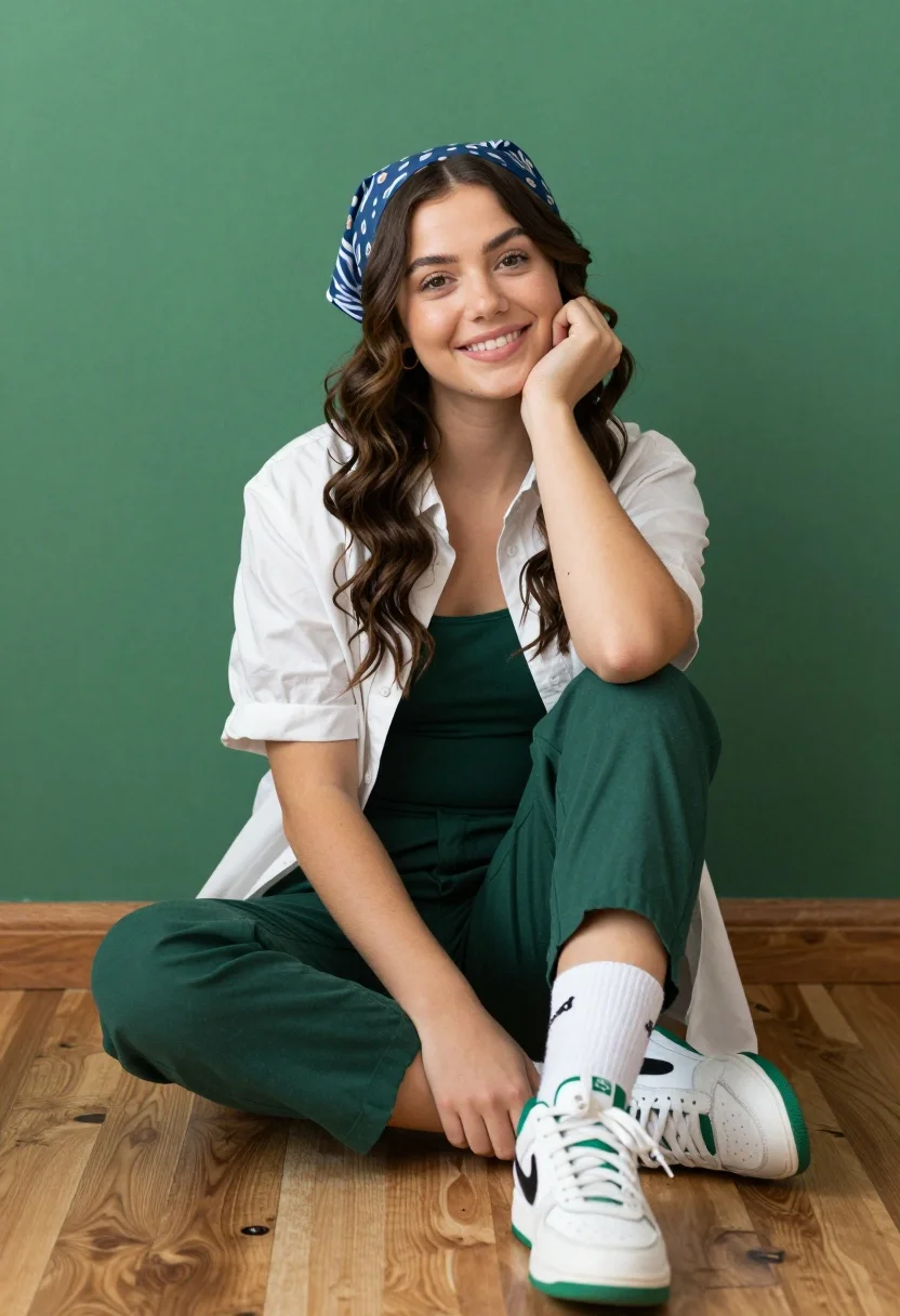 Young woman with brown hair sitting cross legged on wooden floor against - AI generated image prompt sample