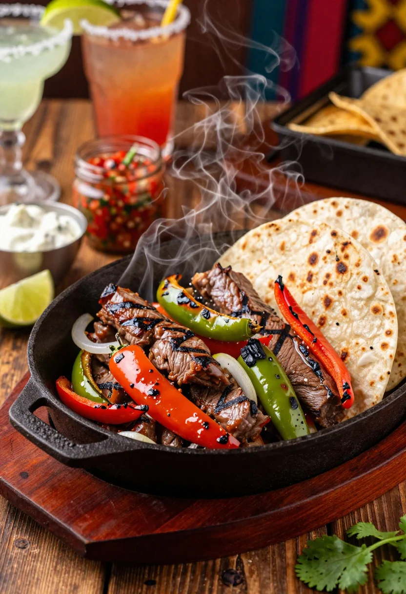 Close up of sizzling fajitas on a rustic wooden restaurant table