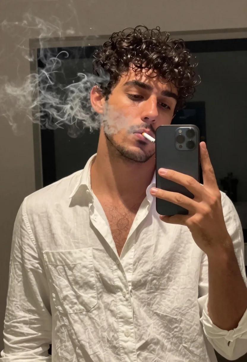 Young man taking mirror selfie smoking cigarette in dimly lit room - AI generated image prompt sample