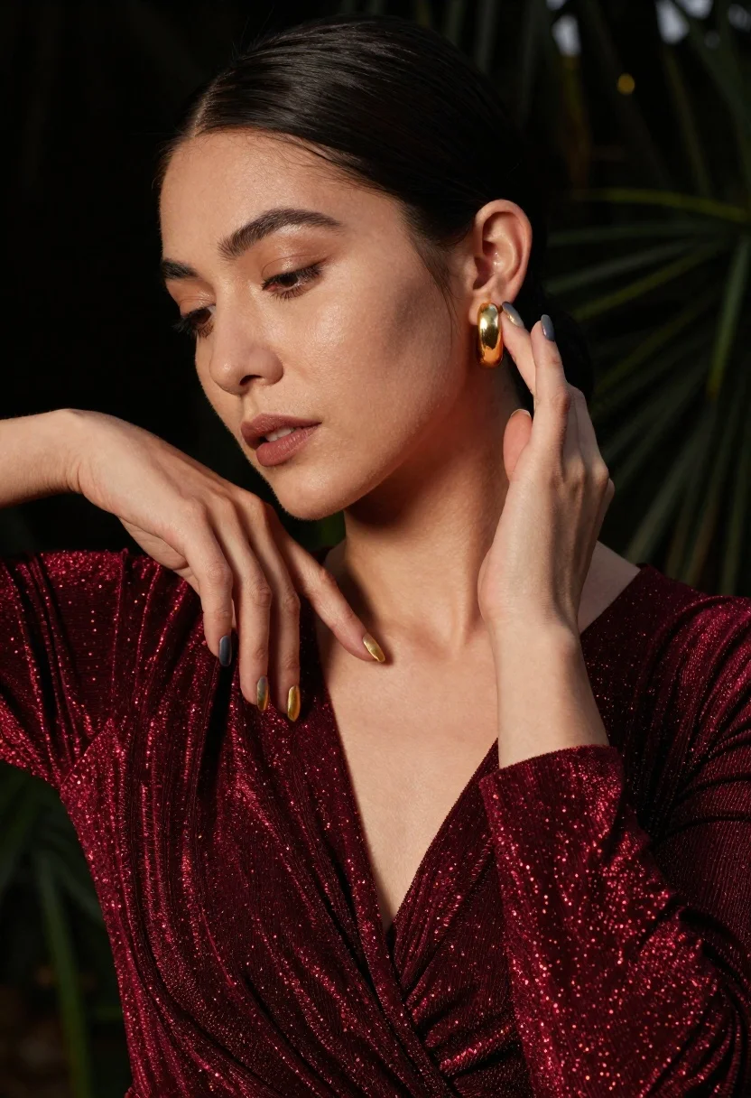 Close up portrait of woman with dark hair wearing deep red top
