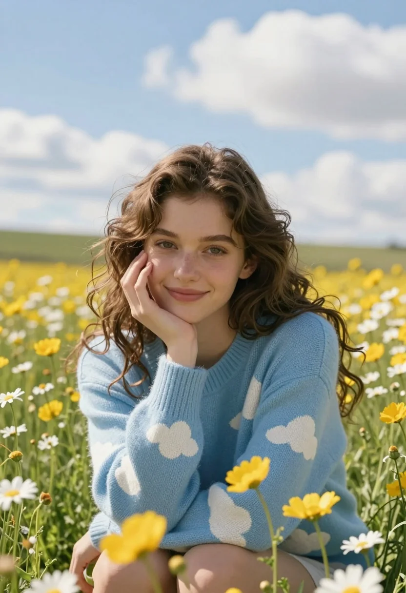 Young woman with brown hair smiling in a meadow of yellow and - AI generated image prompt sample
