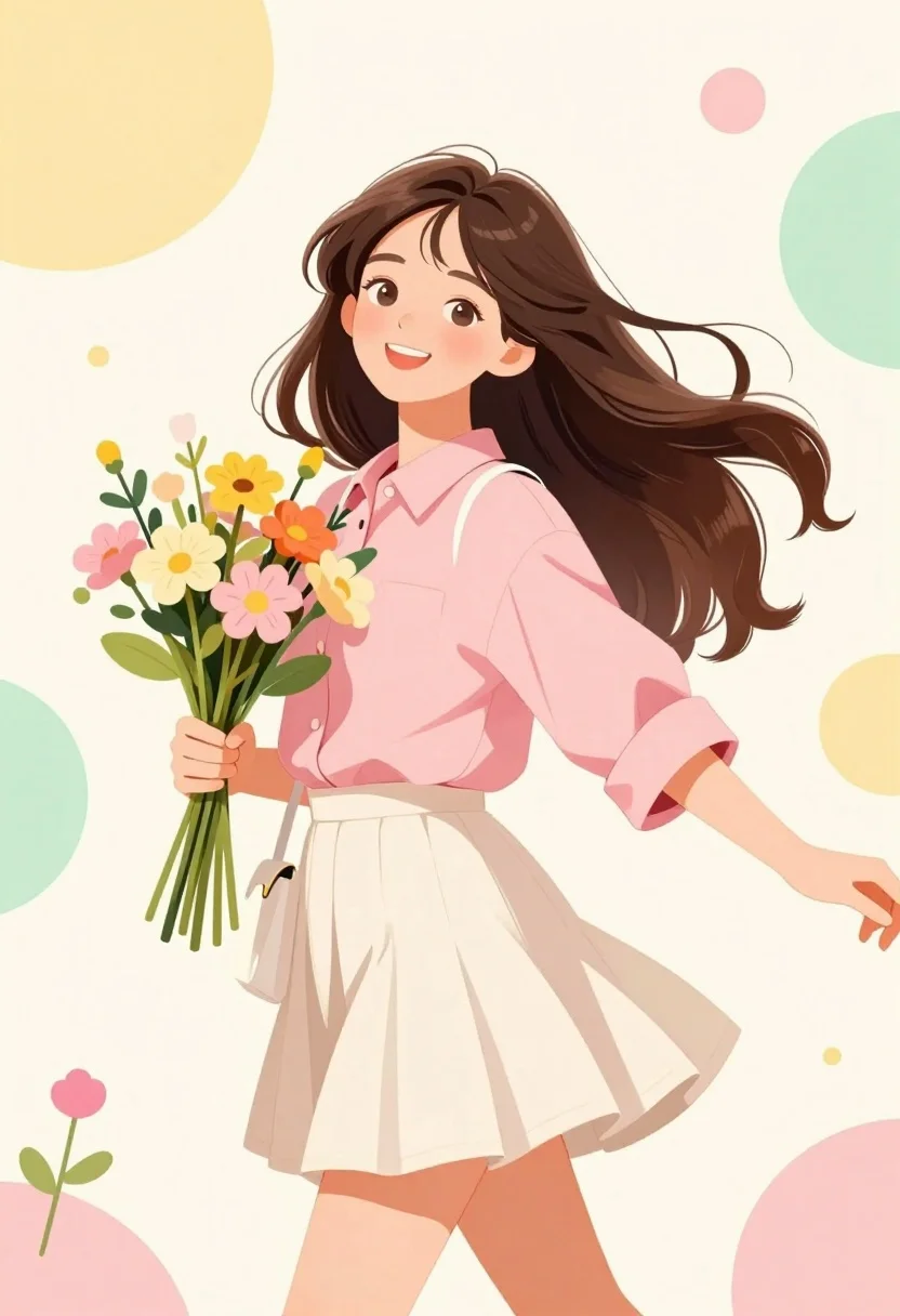 Cheerful young woman in pink shirt holding flowers against abstract pastel background - AI generated image prompt sample