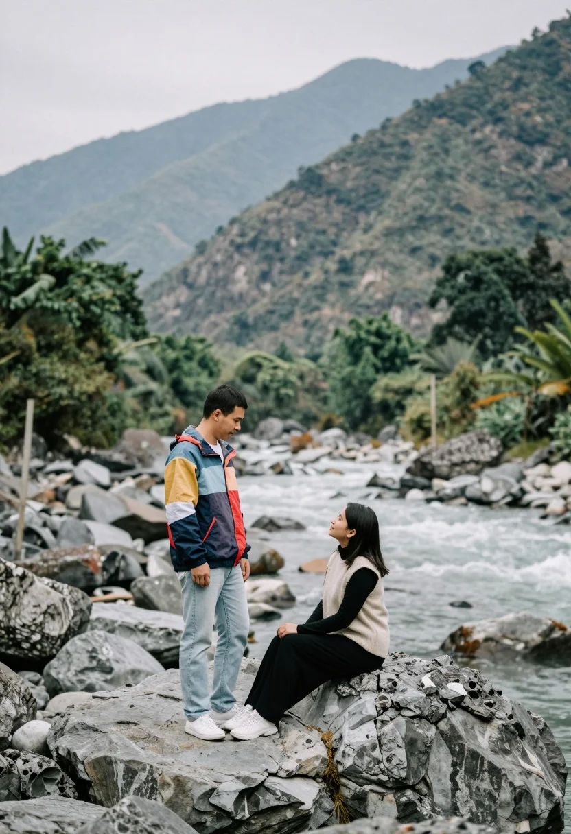 Romantic couple portrait on boulders in a rocky mountain riverbed - AI generated image prompt sample