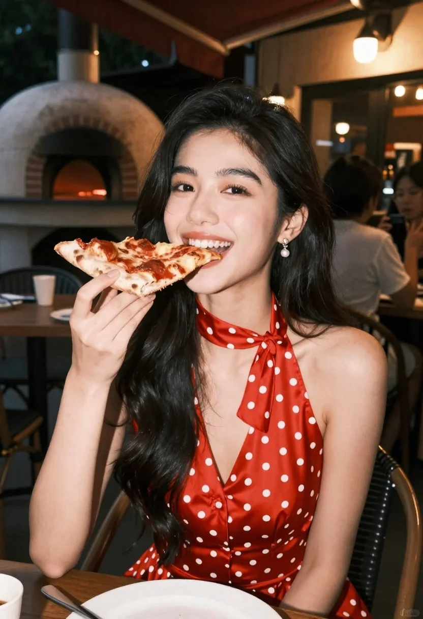 Smiling woman eating pizza slice outdoors at night in red dress - AI generated image prompt sample