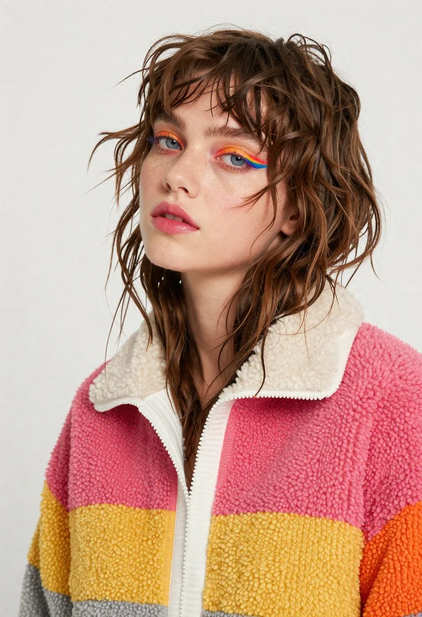 Young woman portrait with colored shearling jacket studio shot