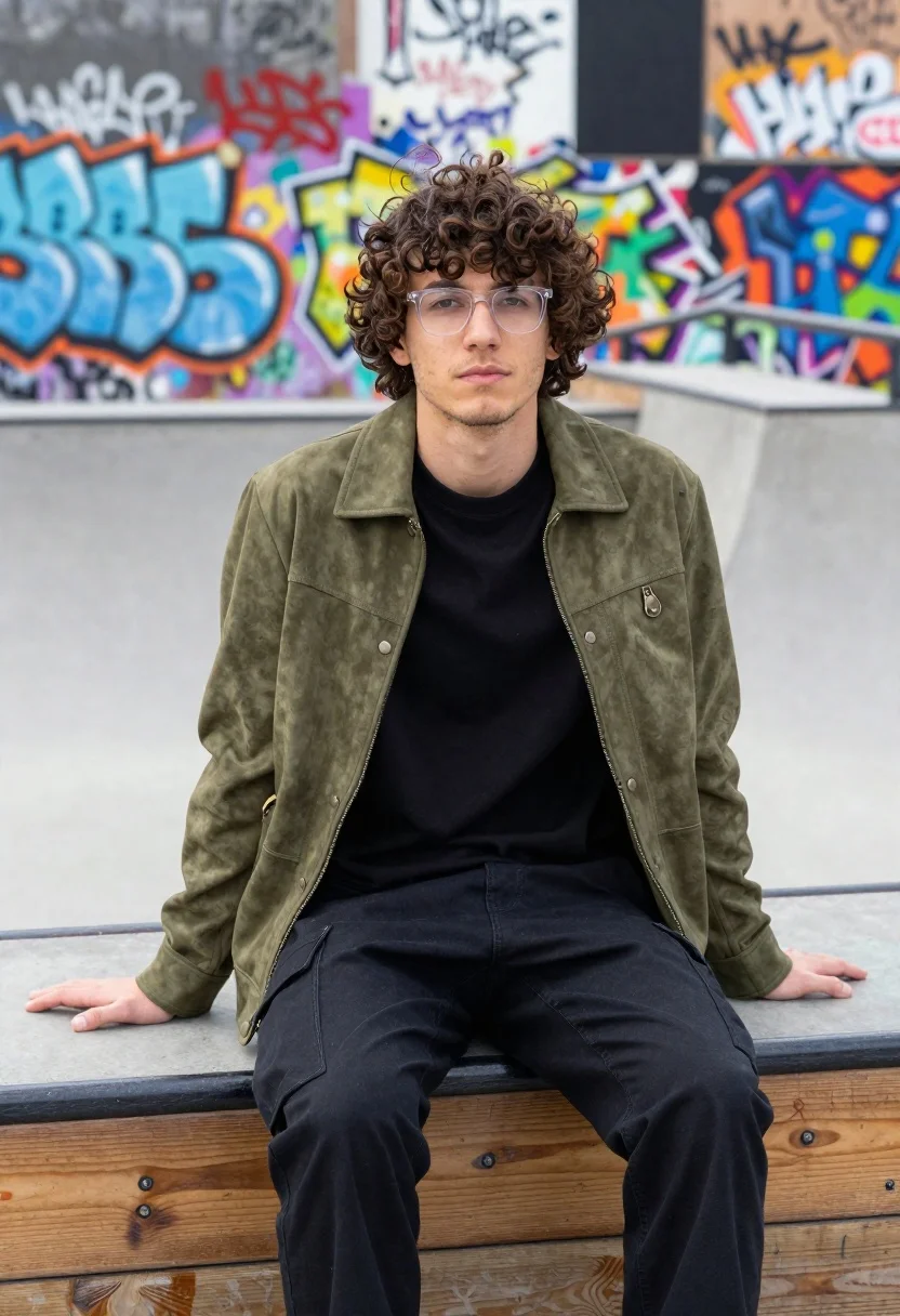 Young man sitting in skatepark against graffiti wall backdrop - AI generated image prompt sample