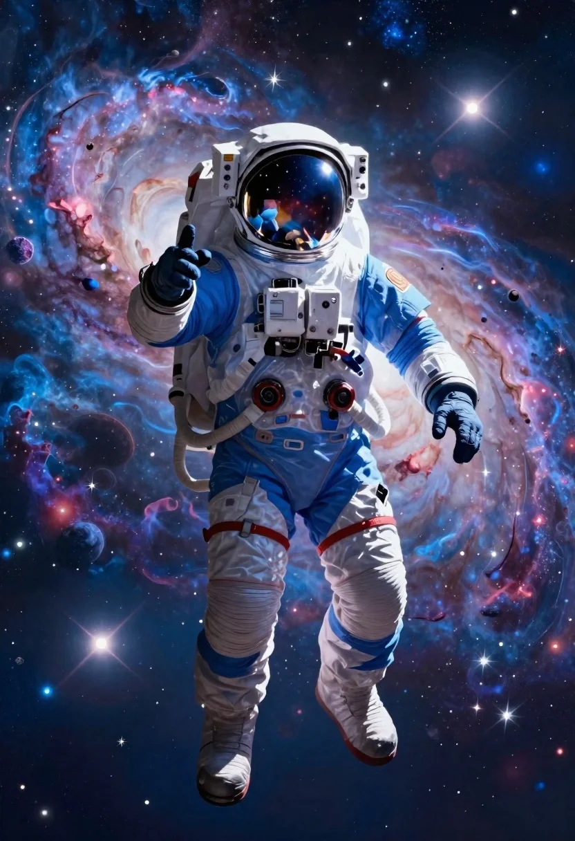Astronaut floating in deep space near spiral galaxy